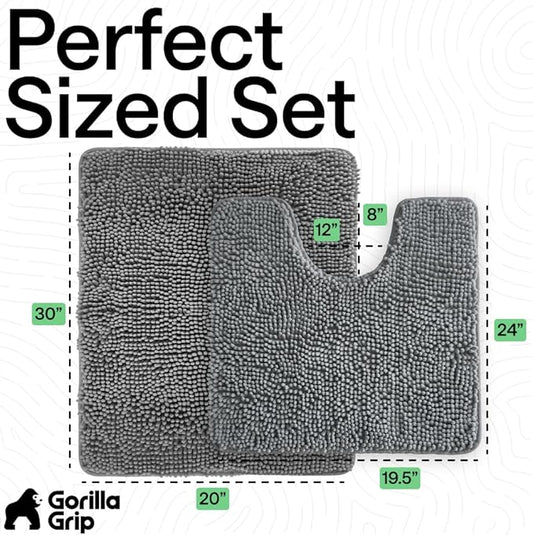 GORILLA GRIP Bathroom Rug Sets, Soft Chenille 2 Piece Area Rugs Set, Toilet Base Mat and 30x20 Carpet, Absorbent Microfiber Washable Mats Dry Quickly, Home Décor and Bath Room Accessories, Grey