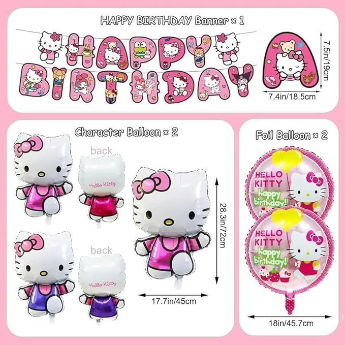 49Pcs - Kitty Birthday Party Decorations Set, Pink Theme with Banner, Balloons, Tablecloth, Cake Toppers..。