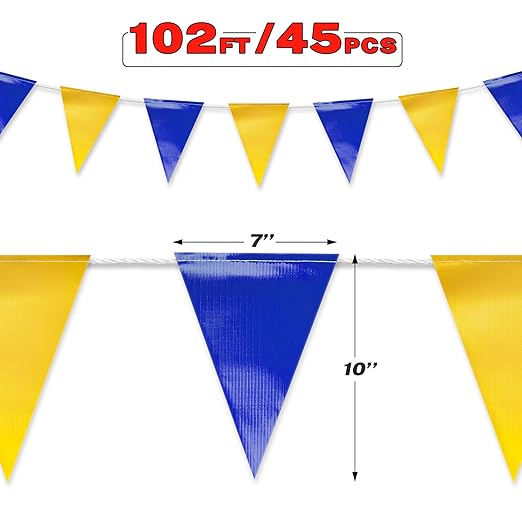 Blue & Yellow Pennant Banner Flags | Heavy-Duty Outdoor | OSHA 500lb Rated | Strand Fade Resistant ă102FTă