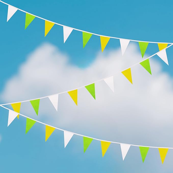 100 Ft White Green Yellow Pennant Banner Flag, 60 Pcs String Hanging DIY Bunting Flags for Party, School, Birthday, Wedding, Carnival, Celebrations, Outdoor and Indoor Decorations (White Green Yellow)