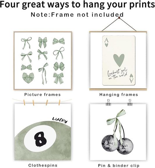 okaxscm Sage Green Coquette Trendy Preppy Wall Art Prints Set of 4, Coquette Preppy Room Decor Aesthetic, Green Bow Disco 8 Ball Cherry Wall Decor Posters for Girls Bedroom Dorm,10x10 Unframed