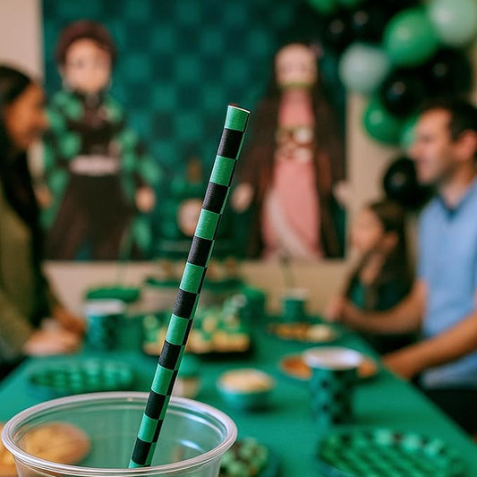 100 Black and Green Checkered Straws - Disposable Paper 7.75 Inch Straws for Demon Anime Themed Party - Party On Tap