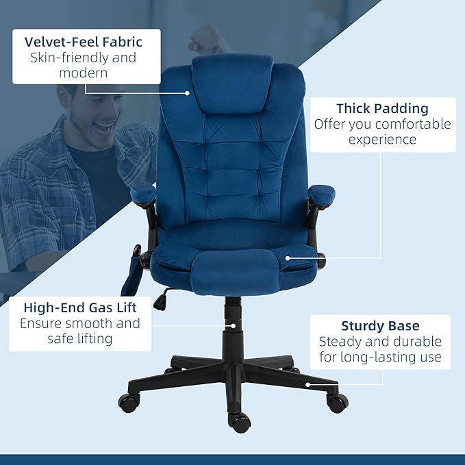 HOMCOM Executive Office Chair with 6 Points Vibration Massage and Heated Lumbar Support, Velvet High Back Computer Chair with Reclining Backrest, Tilt Function and Padded Armrests, Drak Blue