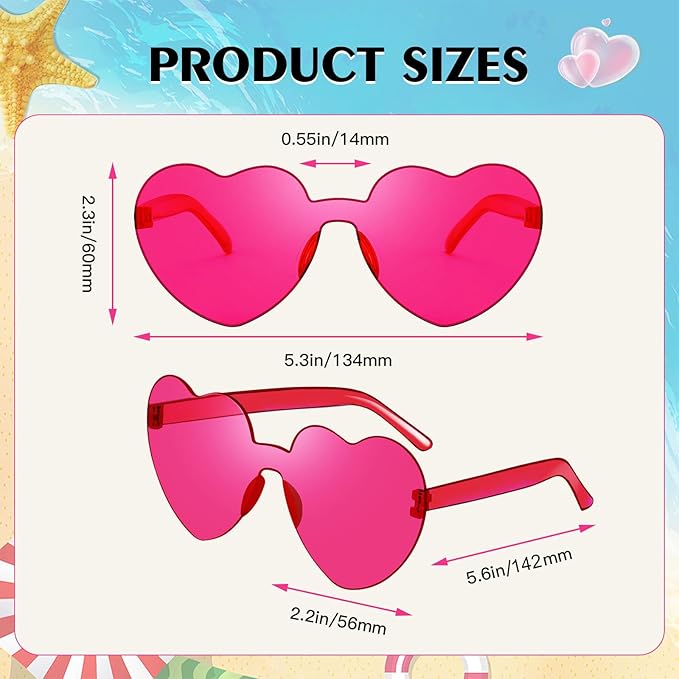 SUNOVELTIES 18 Heart Shape Rimless Sunglasses Transparent Candy Color Party Glasses Colored Eyewear for Women