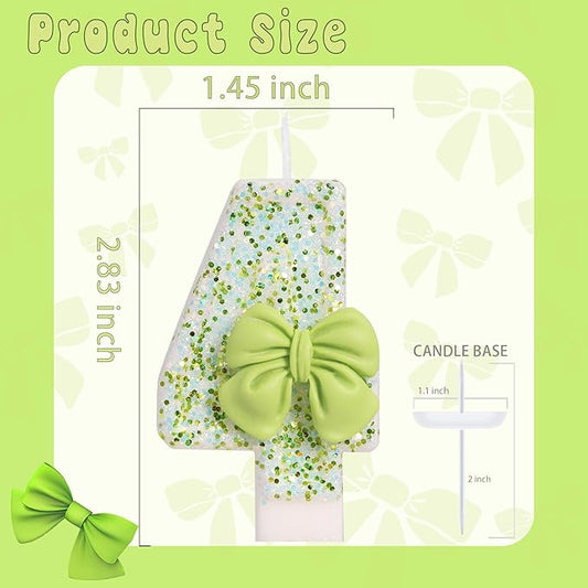 Birthday Candle for Cake, Green Bow Number Cake Candles, 2.76 inch Cake Topper Decoration for Birthday Party (Number 4)