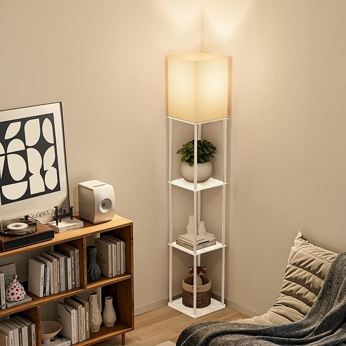 Floor Lamp with Shelves, Modern Square Standing Lamp with 3 Color Temperature Bulb, Corner Display Bookshelf Lamp for Living Room, Bedroom and Office(White)
