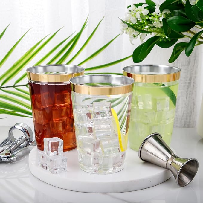 Nervure 120PCS Gold Plastic Cups - 10Oz Gold Rim Plastic Cups - Heavy Duty Disposable Cups - Clear Cup with Gold Rim for Weddings, Birthdays, Gatherings and Party