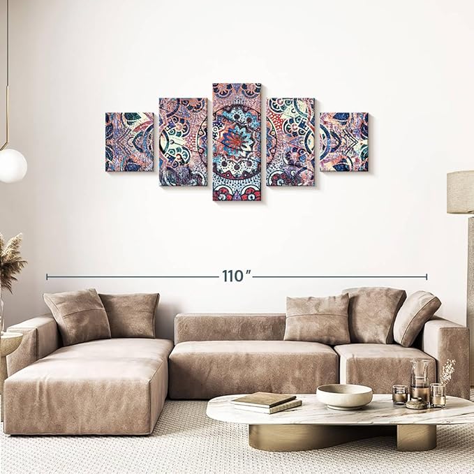 ElephantStock - Mandala Enchantment Wall Art - Horizontal Multi Panel Canvas - 5 Piece Living Room Wall Decor - Digital Art Elements Multi Piece Wall Art - Blue And Beige Decor - 74" x 34"