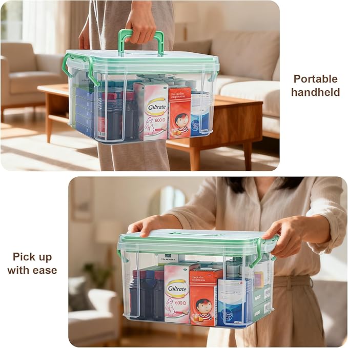 15QT Clear Medicine Organizer Storage Box with Handle & Tray - Thickened Plastic Empty First Aid Box, Multipurpose Medical Container with Lids/Labels, Medication Caddy for Home, Baby, Elderly, Dorm