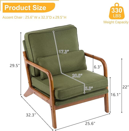Bonnlo Dark Green Linen Mid Century Modern Accent Chair, Soild Wood Padding Lounge Armchairs Side Sitting Chairs for Living Room, Bedroom, Guest Room