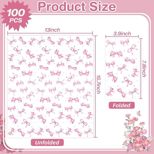 100 Pcs Pink Bow Napkins - Decorative Disposable Bow Paper Napkins for Wedding Bridal Shower Bachelorette Birthday Girl Party Supplies