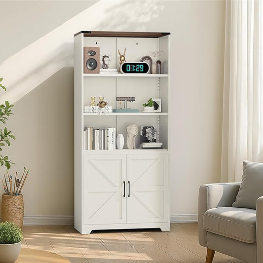 VINGLI Bookcase with Doors and Adjustable Shelves, Steel 70" Tall Bookshelf, 6-Tier Farmhouse Metal Storage Cabinet for Study, Living Room, Home Office, Kitchen Pantry, White Display Cabinet