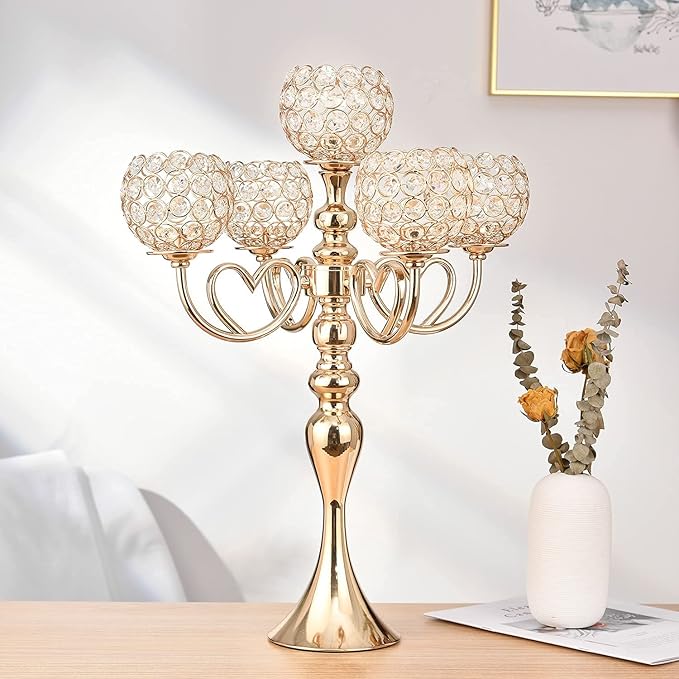 VINCIGANT Gold Candelabra Candle Holder, Elegant Centerpiece Table Decorations 5 Arms Candlesticks for Dining Room,21.5 Inches Tall
