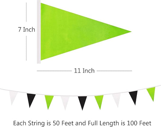 100 Ft White Black Green Pennant Banner Flag, 60 Pcs String Hanging DIY Bunting Flags for Party, School, Wedding, Carnival, Celebrations, Outdoor and Indoor Decorations (White Black Green)