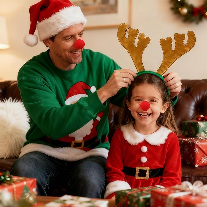 YUMUWBL 12 PCS Christmas Reindeer Antlers Headbands with 12 PCS Red Noses, Xmas Headbands Bulk Deer Headband with Ears, Xmas Antlers Hair Hoops for Christmas Party Holiday Decorations