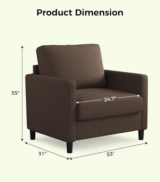 Sofa Accent Chair, 33" Reading Chair for Bedroom, Tool-Free Setup Living Room Accent Chairs, Comfy Arm Chairs Living Room, All-Wood Reading Nook, Brown