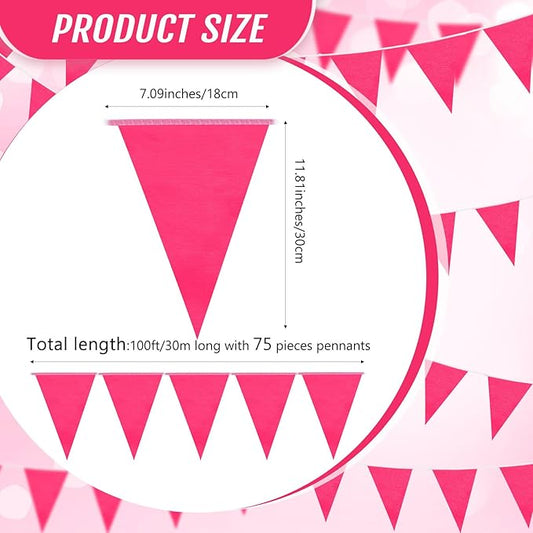 100 Feet Pennant Banners Flags 75 Solid String Triangle Flags for Grand Opening, Carnival Theme Birthday Party Decoration Outdoor Events Classroom Decoration(Rose Red)