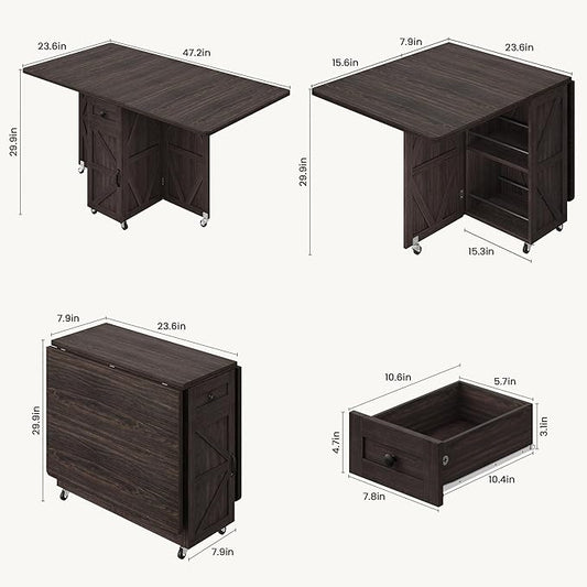 Space Saving Folding Dining Table for 2-4, Farmhouse Foldable Dining Table with Drawer and Storage Shelf, 6 Wheels Drop Leaf Kitchen Dining Room Table for Small Space (Walnut, 47.2" x 23.6" x 29.9")