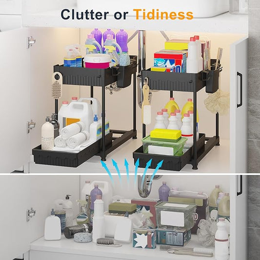 2 Pack Multi-Purpose Under Sink Organizers and Storage, 2026 Pull Out Cabinet Organizer for Bathroom & Kitchen, Under Cabinet Organizer with Hooks Hanging cup, Black