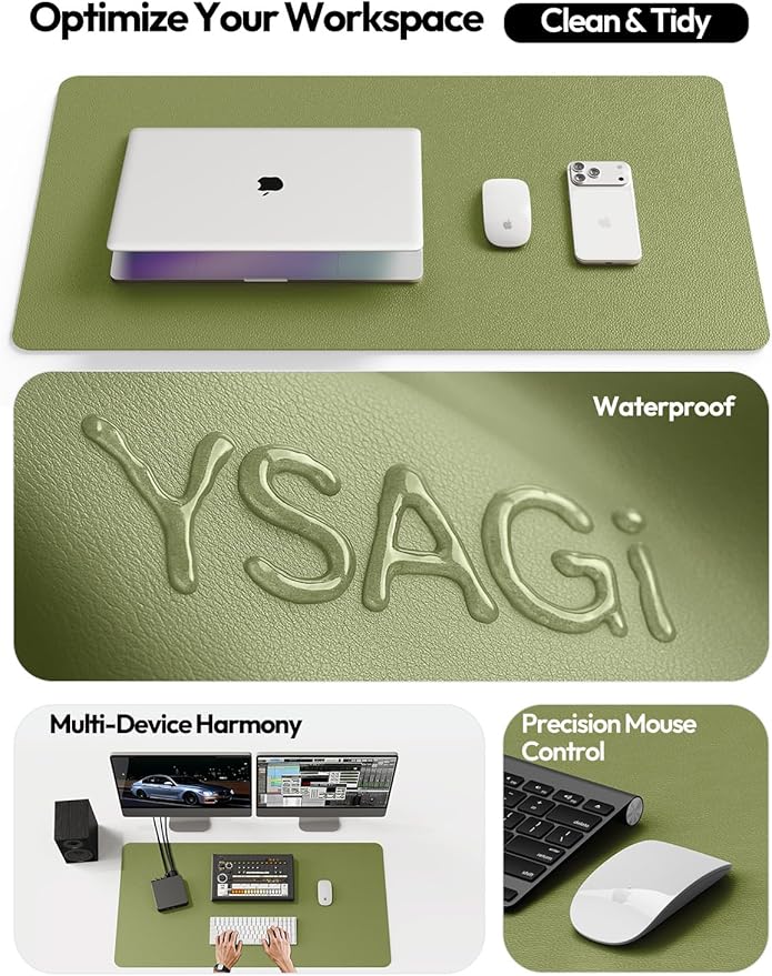 YSAGi Leather Desk Protector, Office Mat, Large Mouse Pad, Non-Slip PU Leather Blotter, Laptop Desk, Waterproof Writing Pad for Office and Home (Green, 31.5" x 15.8")