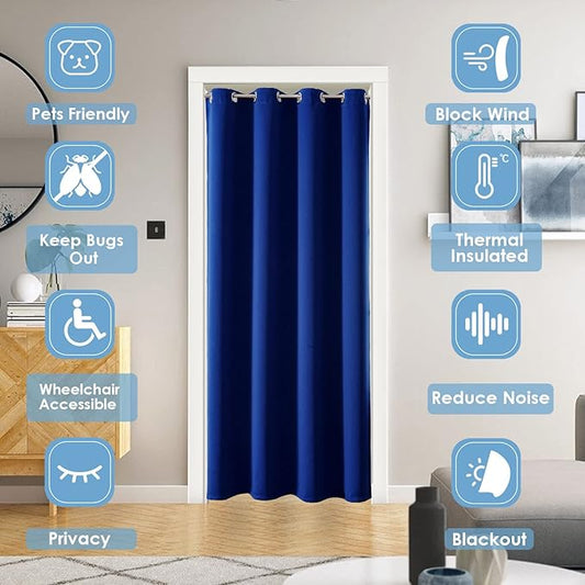 ChrisDowa Blackout Door Curtains for Doorway Privacy, Grommet Closet Curtains for bedroom closet door, Thermal Insulated Temporary Doorway Cover Room Divider Drapes (1 Panel, Royal Blue, 52 x 80 Inch)