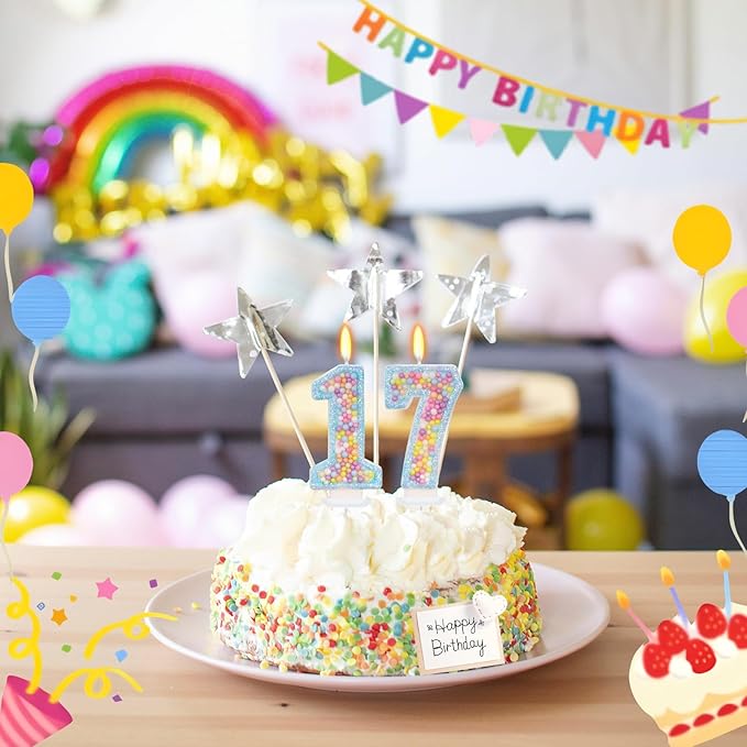 Blue Birthday Candles - Number 17 Candle, Colorful Macaron Candles, 17 Birthday Decorations for Girls Boys, Cake Decorations, Theme Party Supplies (Blue)