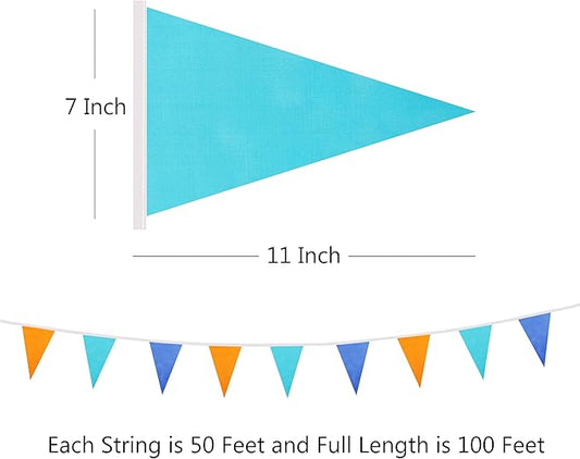 100 Ft Pennant Banner Flag, 60 Pcs String Hanging DIY Bunting Flags for Wedding, Birthday, Outdoor & Indoor Decorations (Orange Blue Dark Blue, 11x7 Inch, 2 Pack)