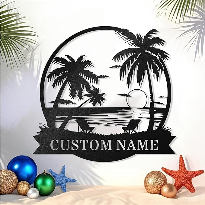 Custom Beach Metal Sign - Personalized Family Name Sign, Tropical Palm Trees Sign, Custom Last Name Sign, Beach Coastal Lake House Decor, Gift for Mother's Day, Housewarming Wedding Outdoor Patio Pool