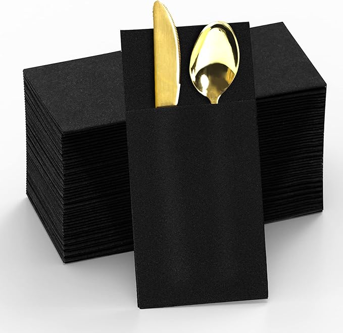 KAMMAK Black Napkins Disposable with Pocket Wedding Decorative Dinner Paper Napkins 100 Pack Linen Feel Prefolded Guest Hand Towels for Party Decoration, Cocktail Reception, Hotel (16.5 x 16.5 inch)