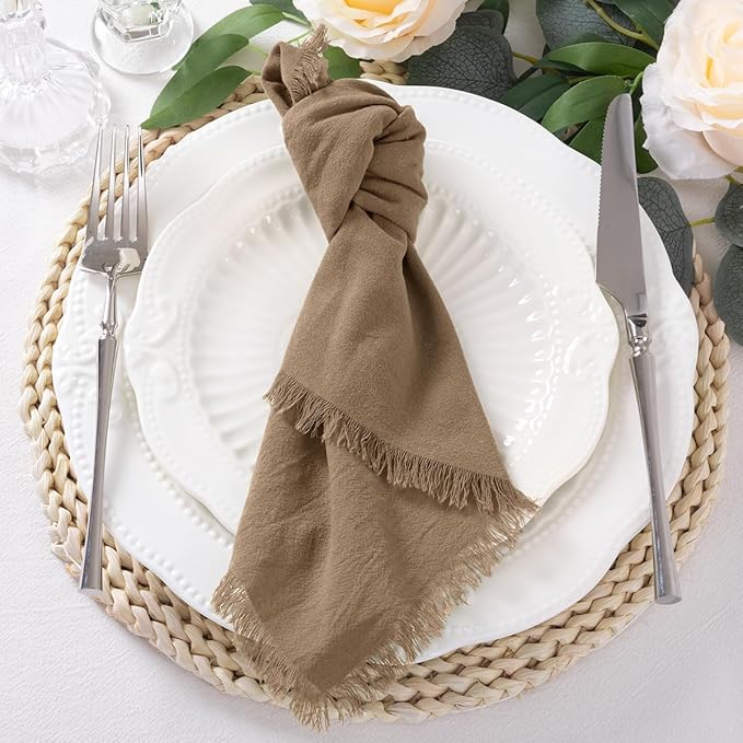 12 Pack Nude Cotton Linen Napkins with Fringe Christmas Cloth Napkins Set of 12 Boho Handmade Holiday Napkins Bulk for Wedding Baby Shower Xmas Dinner Table Parties, 17 x 17 Inches