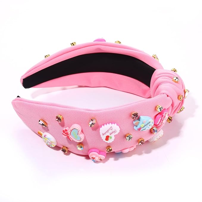 Knotted Headband for Women Lollipop Birthday Cake Crystal Jeweled Embellished Top Knot Hairband Statement Wide Turban Hair Hoop Funny Gifts for Girls Sister Birthday Xmas Holiday Party