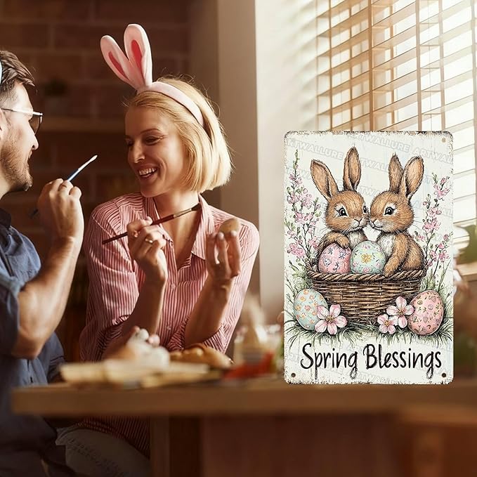 Easter Tin Sign Rabbit Spring Blessing Vintage Metal Sign Retro Easter Decor for Home Living Room Yard Garden Wall Decor 8x12Inch