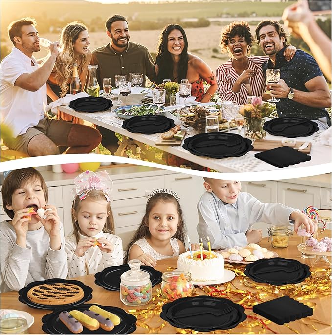 96 Pcs Black Paper Plates and Napkins Set Party Supplies, Tableware set for 24 Guest include Disposable Black Scalloped Plates, Napkins and Forks for Birthday Wedding Picnic