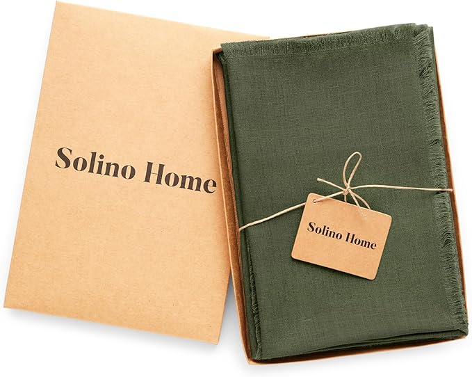 Solino Home Fringe Linen Cloth Napkins Set of 4-100% Pure Linen Desert Green Dinner Napkins 20 x 20 Inch for Fall, Autumn, Christmas, Winter, New Year - Handcrafted and Machine Washable