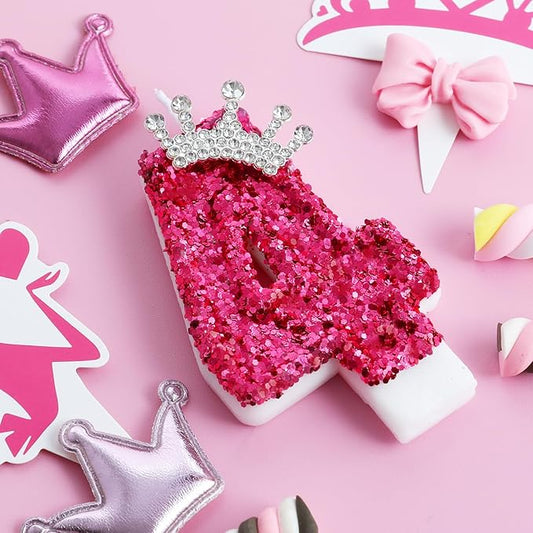 Hot Pink Birthday Candles Crown Number 4 Candle 4th Birthday Party Decorations Cake Topper Cupcake Decor for Anniversary Celebrations Supplies