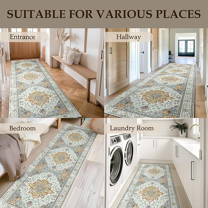 Area Rugs 2'x6' Runner Rug Non Slip Washable for Kitchen Hallway Bedroom Beside Laundry Room Bathroom Rug, Floor Carpet, Light Yellow Carbon Grey Orange