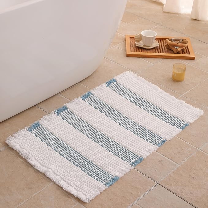 Waffle Bath Mat Non Slip, Boho Bathroom Rug, Super Absorbent Quick Dry Bathroom Mat, Soft Farmhouse Bath Rug with Tassels, Small Washable Shower Mats for Floor 16"x24", White and Blue