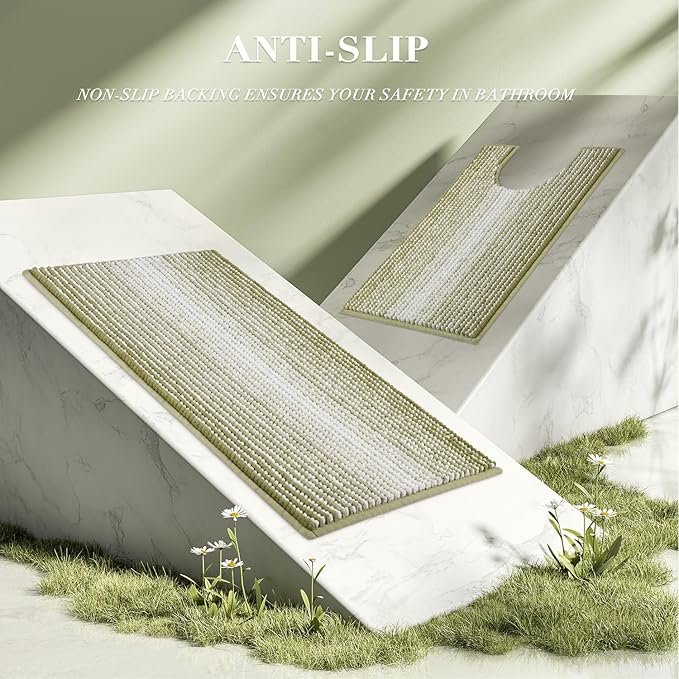 Bathroom Rugs Sets 2 Piece, Toilet Rugs U-Shaped, Contour Bath Mat Rugs Set for Toilet Bathroom, Soft Absorbent Chenille Bath Carpet, Quickly Dry, Washable (Linden Green, 32" x 20" + 24" x 20")
