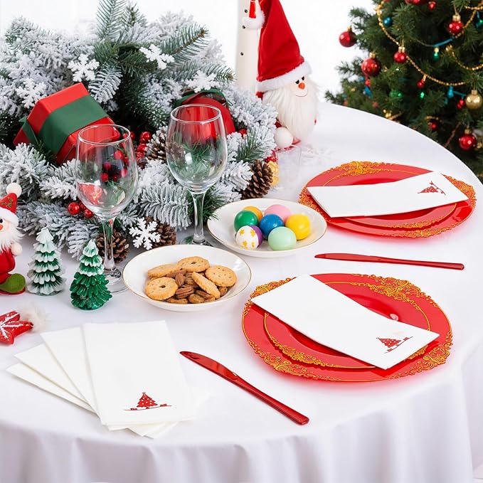 100PCS Christmas Paper Napkins - Red Christmas Tree Napkin with Built-in Flatware Pocket Prefolded Cloth-Like - Heavy-duty Linen-Feel Dinner Napkins Disposable for Xmas Events Tableware Decor