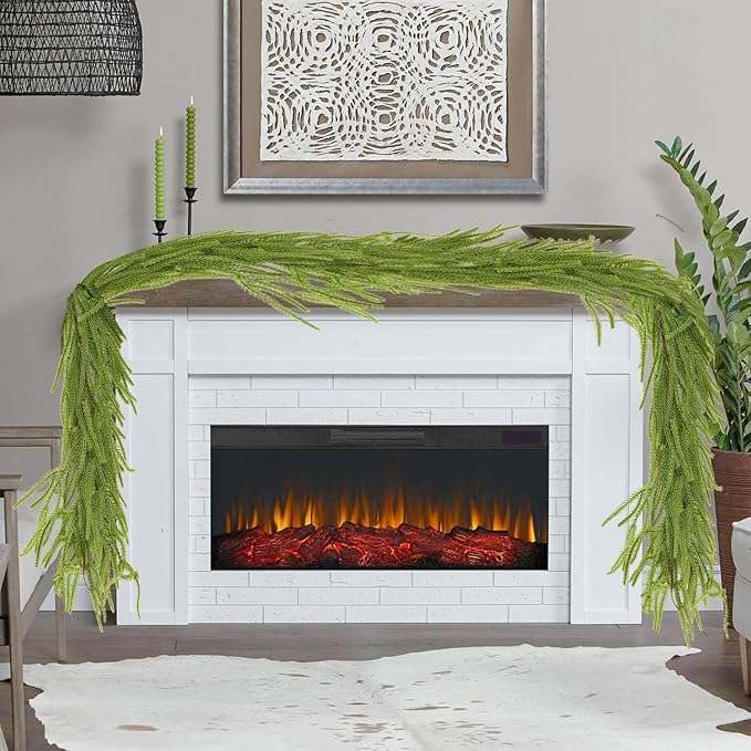2PCS 6FT Christmas Norfolk Garland Decorations, Faux Pine Garland Outdoor, Artificial Unlit Green Garlands, Christmas Mantel Decoration Indoor, Thick Greenery Xmas Decor in The Winter