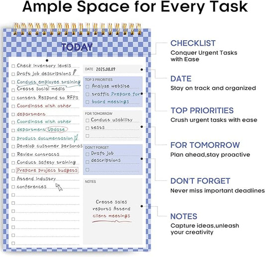 Taja To Do List Notepad - To Do List Notebook for Work with 52 Sheets, 9.8" x 6.5", Undated Daily Planner Perfect for Daily Tasks and Goal Setting, Notepad Suitable for Office, Home & School - Indigo Checkered