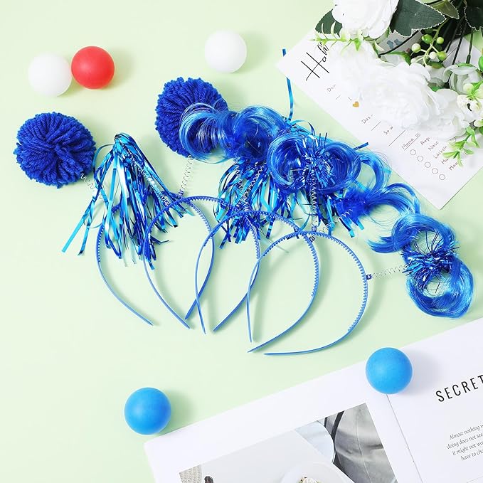 8Pcs Blue Pom Pom Headbands, Tinsel Wrapped Ponytail Headband for Women, Fluffy Ball Hair Loop Cosplay Hair Accessories, Party Headbands for Halloween Christmas Birthday Festival Party Decorations