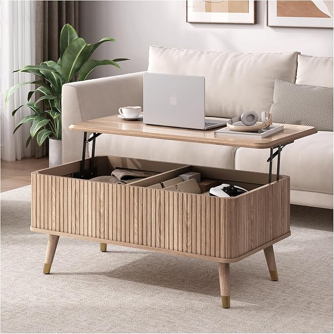 Lift Top Coffee Table with Storage,Natural Wood Center Table for Living Room, Modern Farmhouse Oak Fluted Design,Pop-Up Desk for Work & Dining