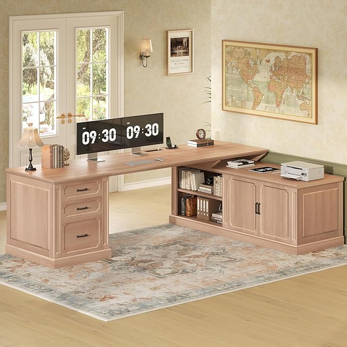 SEDETA Farmhouse L Shaped Desk with Drawers, 70.9" Home Office Desk with Storage Cabinet and Storage Shelves, L Shaped Computer Desk with Power Outlet,Oak