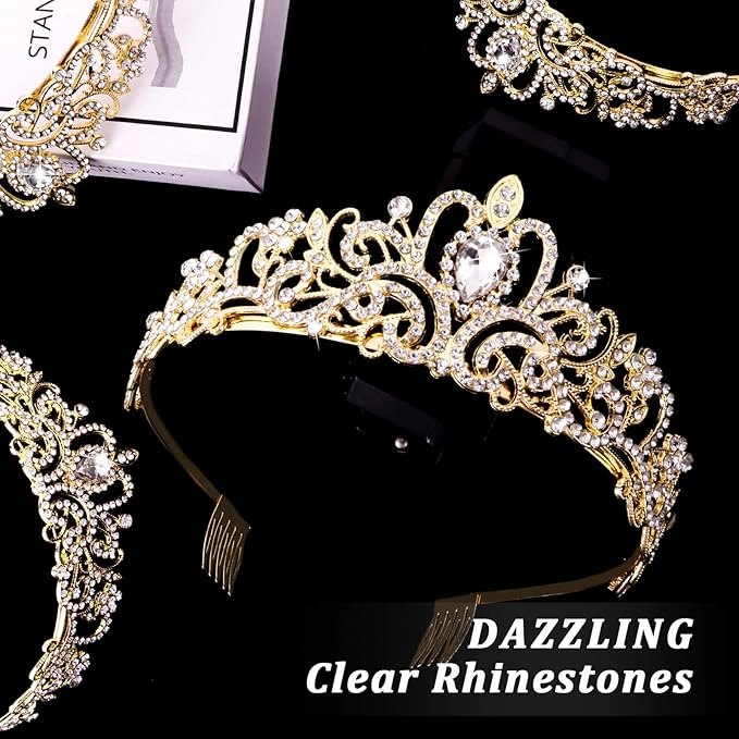 CIEHER 10 PCS Gold Crowns for Women, Crystal Queen Crown Princess Tiaras for Prom Birthday Party Halloween Costume
