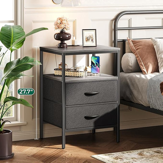 Huuger Night Stand with Charger Station, 27.7 Inch Tall Nightstand, Bed Side Table with 2 Fabric Drawers, Fabric Drawer Dresser for Bedroom, Living Room, Grey