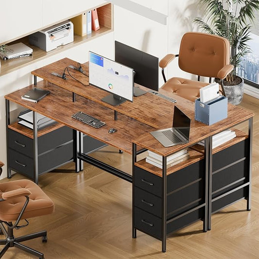 61 Inch Gaming Desk with Power Outlets and LED Lights, Reversible Computer Desk with 5 Fabric Storage Drawers, Home Office Desk with Monitor Stand for Working Writing Study, Rustic Brown