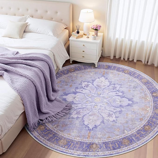 Area Rugs 4ft Washable Non-Slip, Floral Vintage Distress Print Pattern Medallion Carpet for Living Room Bedroom Dining Room, Light Purple Brown