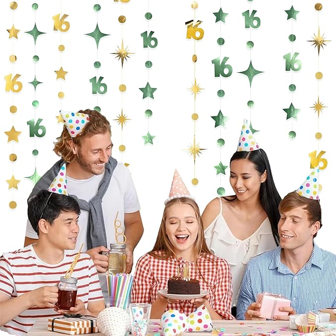 Sage Green Gold Number 16 Circle Dot Twinkle Star Garland Streamer Bunting Banner Backdrop Decorations for Girls Happy 16th Birthday Sweet Sixteen 16th Anniversary Cheers to 16 Years Party Decor