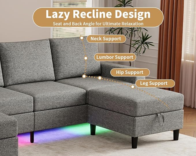 Smart Sectional Couches for Living Room, 6 Seat U/L Shaped Sectional Sofa with RGB Light/Charging, Modern Living Room Furniture for Apartments/Office/More (Light Gray)
